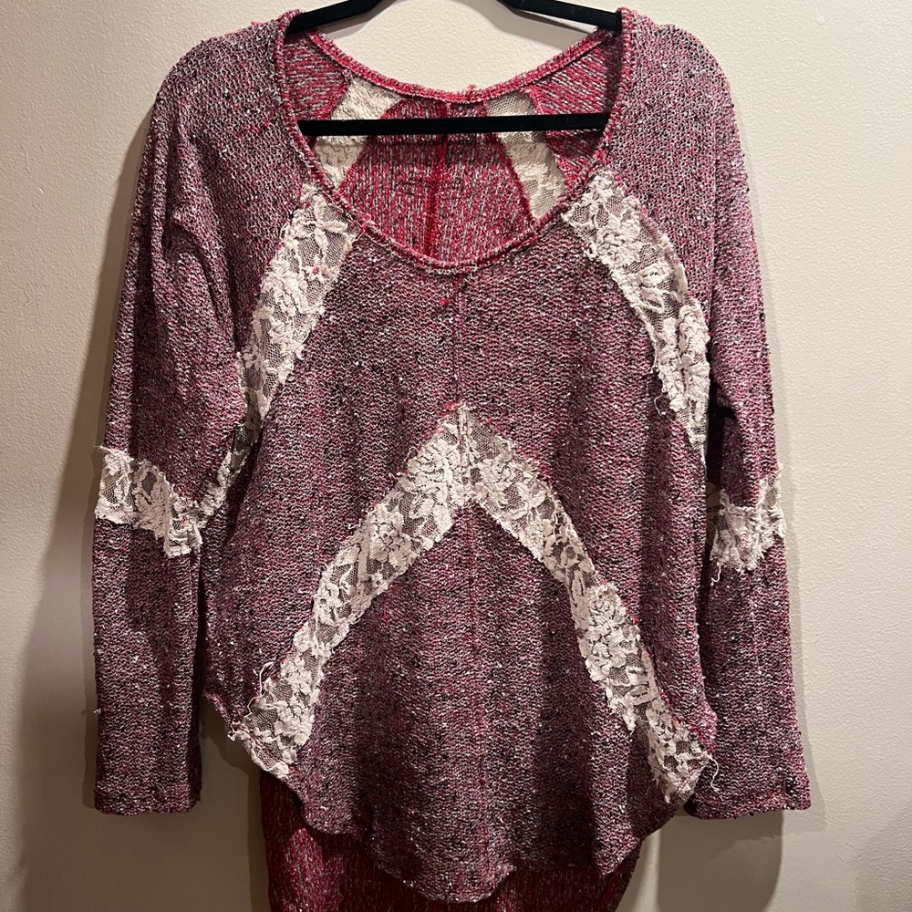 Free people Pink/Red and White Lace Knit Sweater